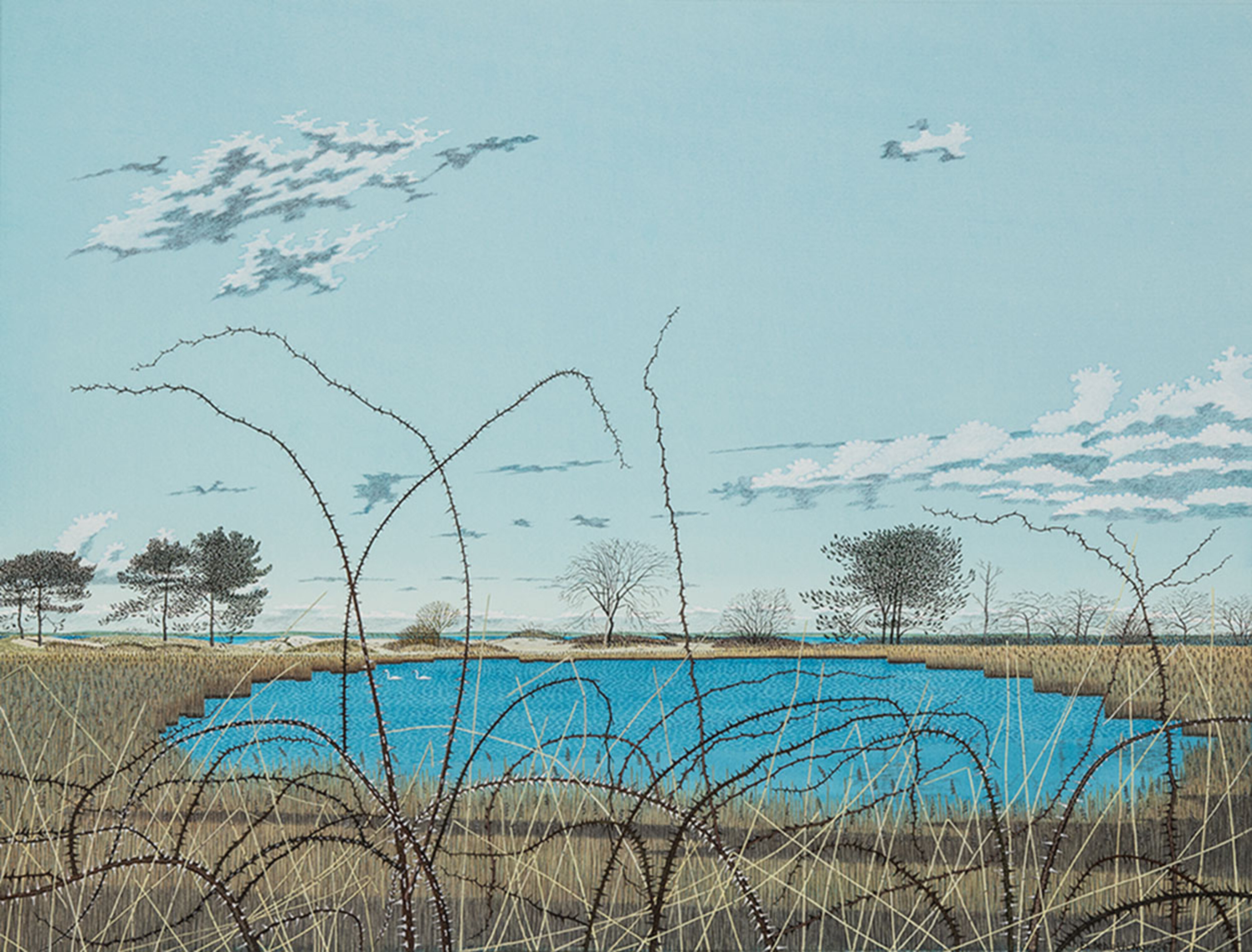 Akvarel på papir, landskab med skovsø,36 x 48 cm