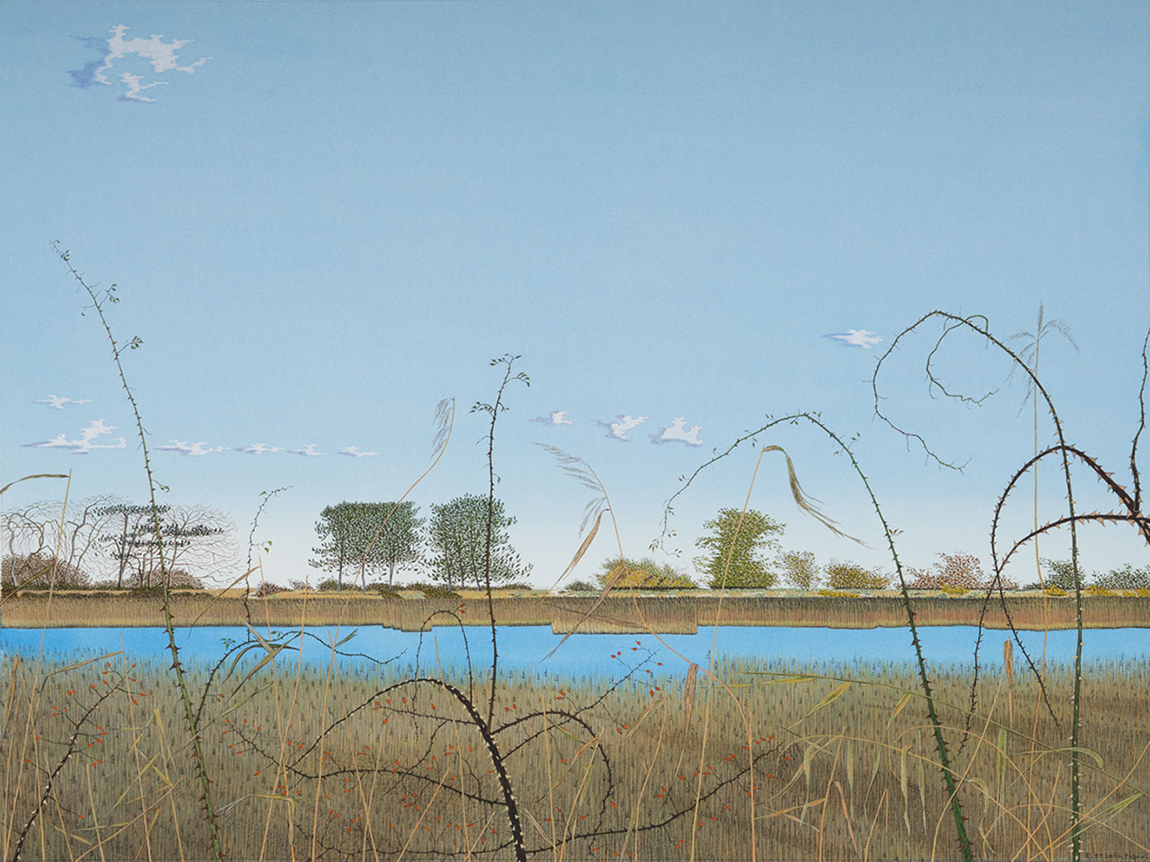 Akvarel på papir, landskab med sø, 36 x 48 cm