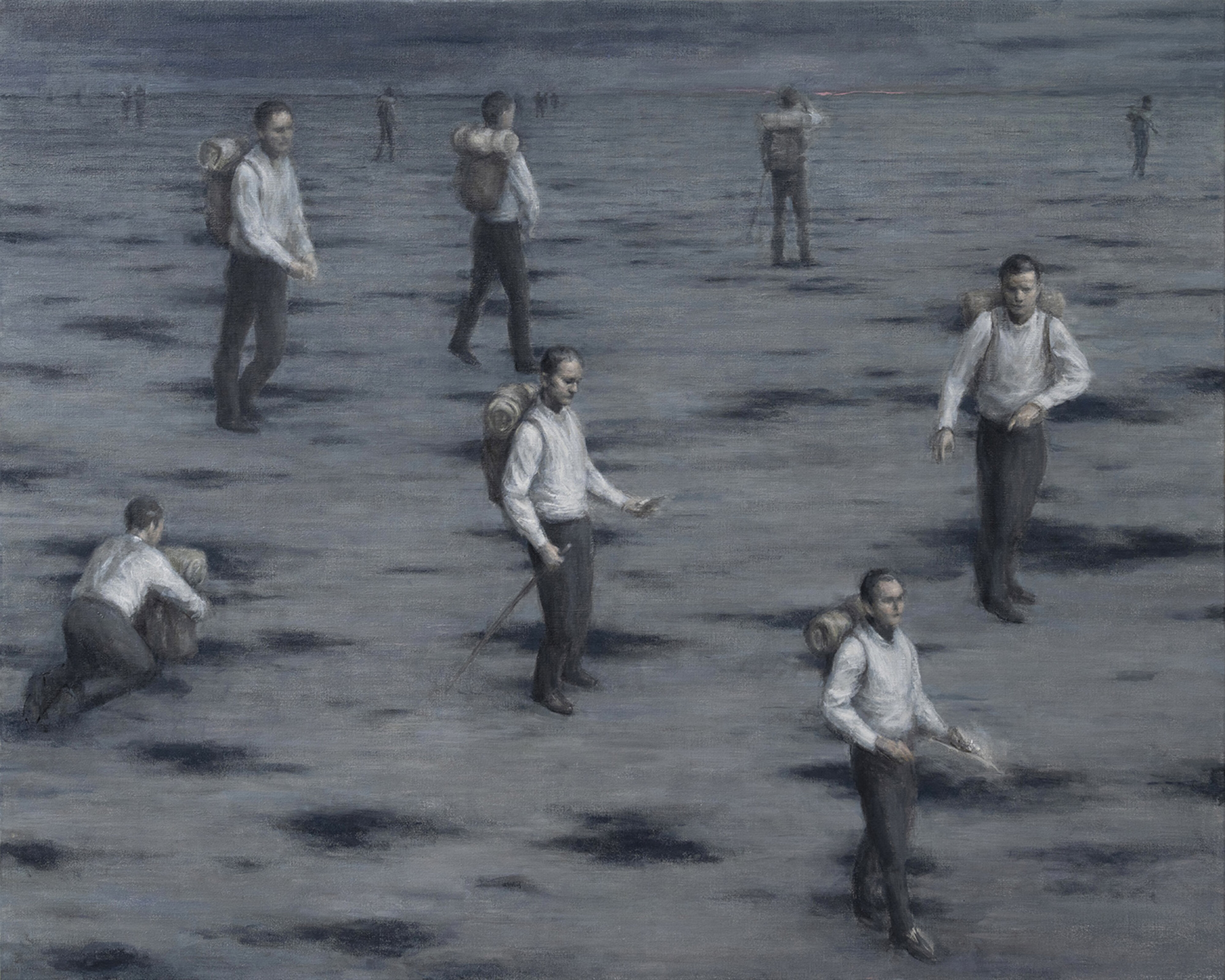 Oliemaleri mænd med rygsæk placeret så de kigger i forskellige retninger, 100 x 125 cm 