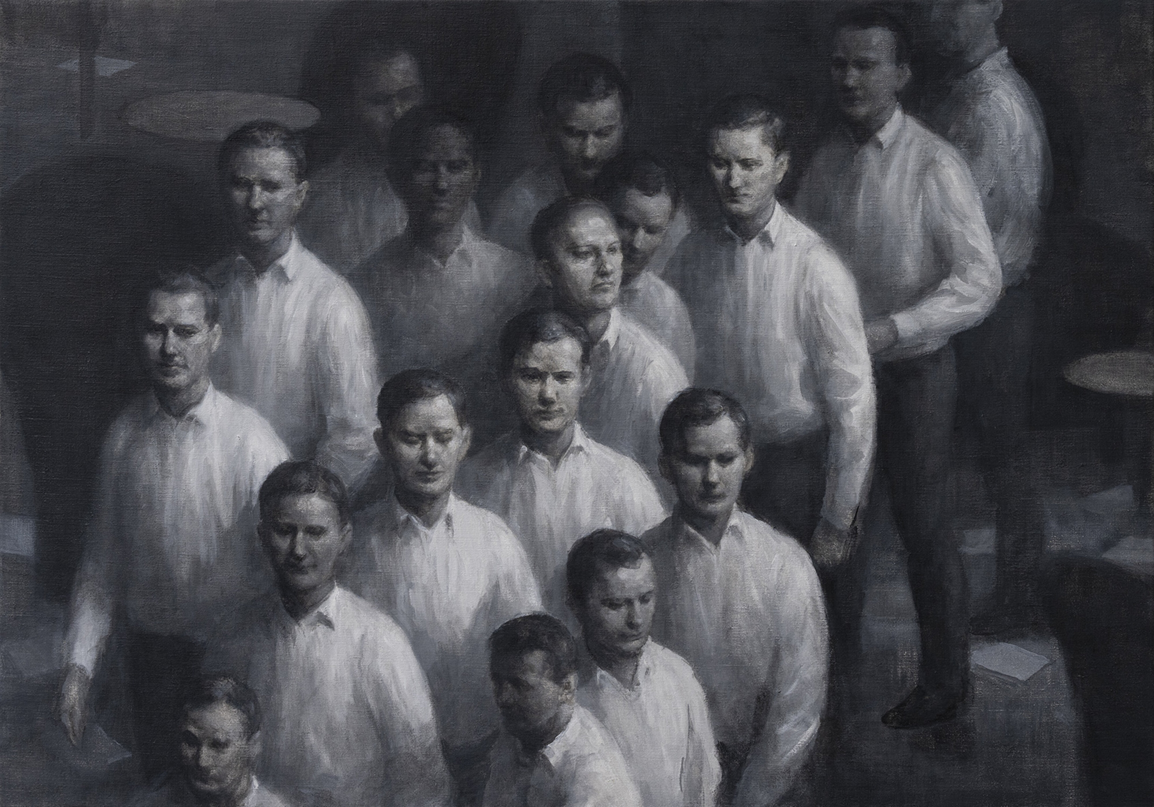 oliemaleri mænd i hvide skjorter i rækker, 70x100cm